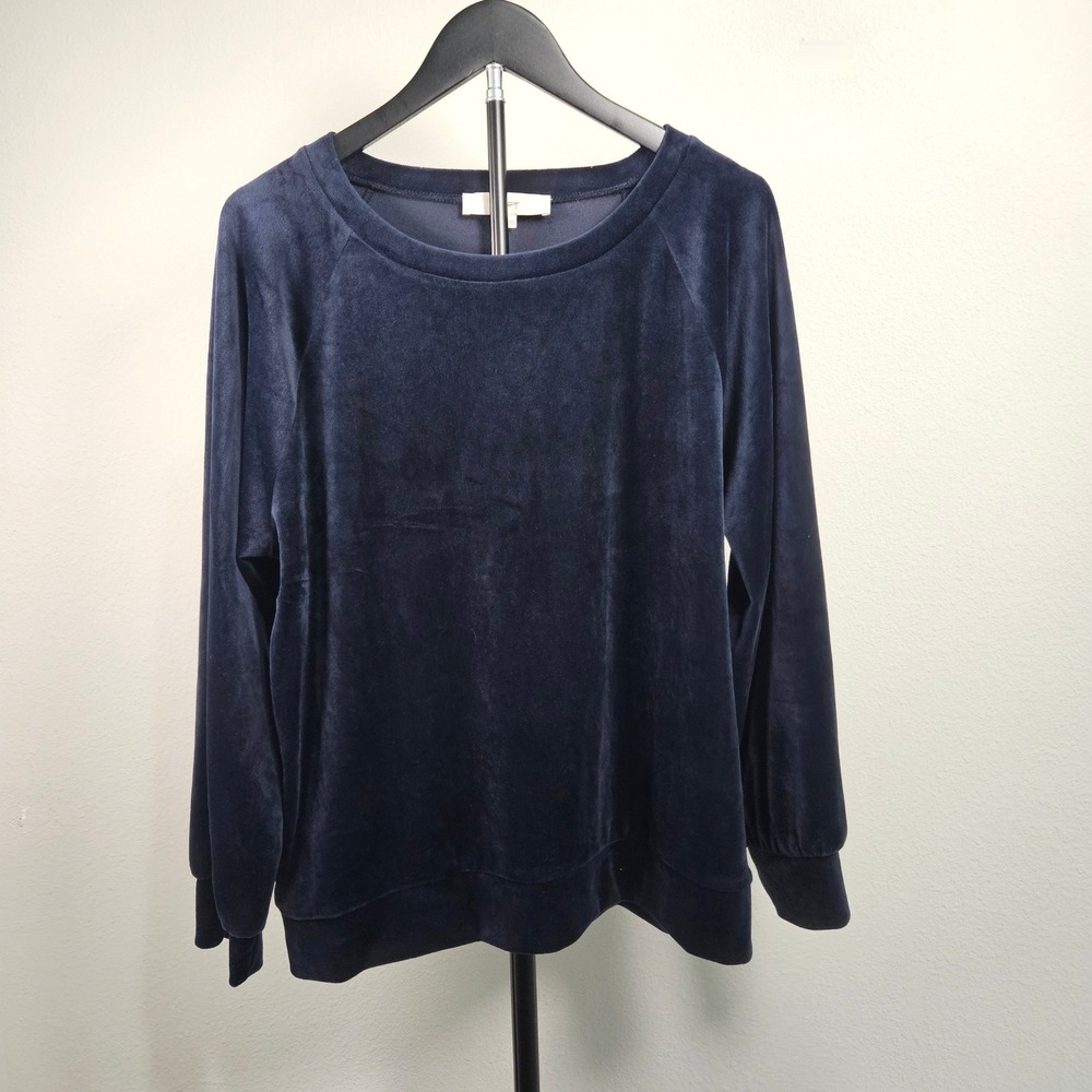 LOFT Velvet Pullover Top Womens Large Navy Blue Long Sleeve Raglan Luxe Casual